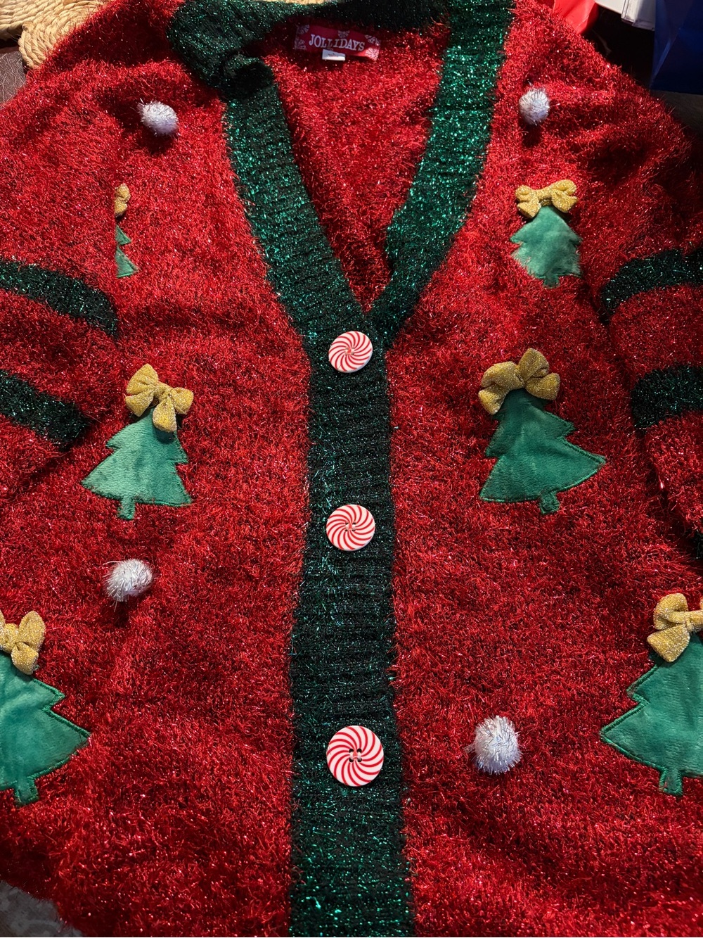 Kohl's Red Holiday Cardigan with Green Trim and Tree Appliqués